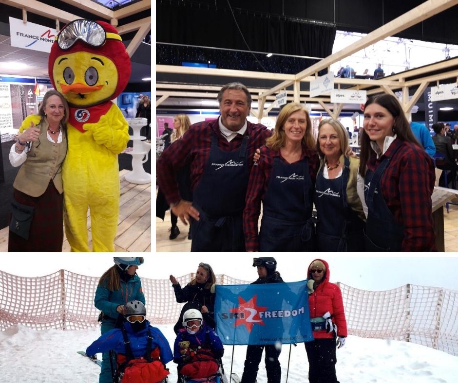 Top left & right: Catherine at the London Ski Show | Bottom: Catherine with beneficiary and family getting around the mountain on skis