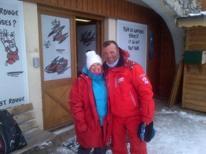 Sue with her instructor Loic from ESF Les 2 Alpes